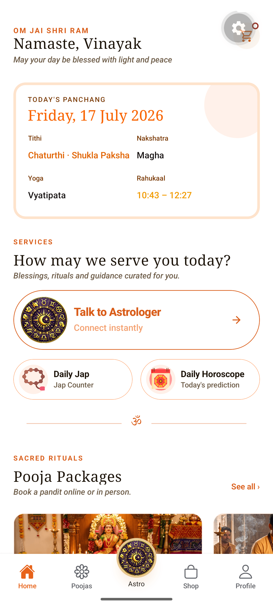 Devmaarg app home screen with today's panchang and services
